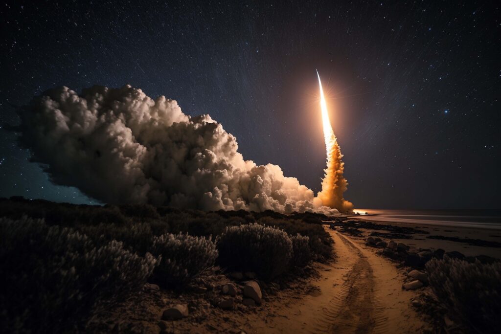 Image of a rocket launching shortly after lift-off